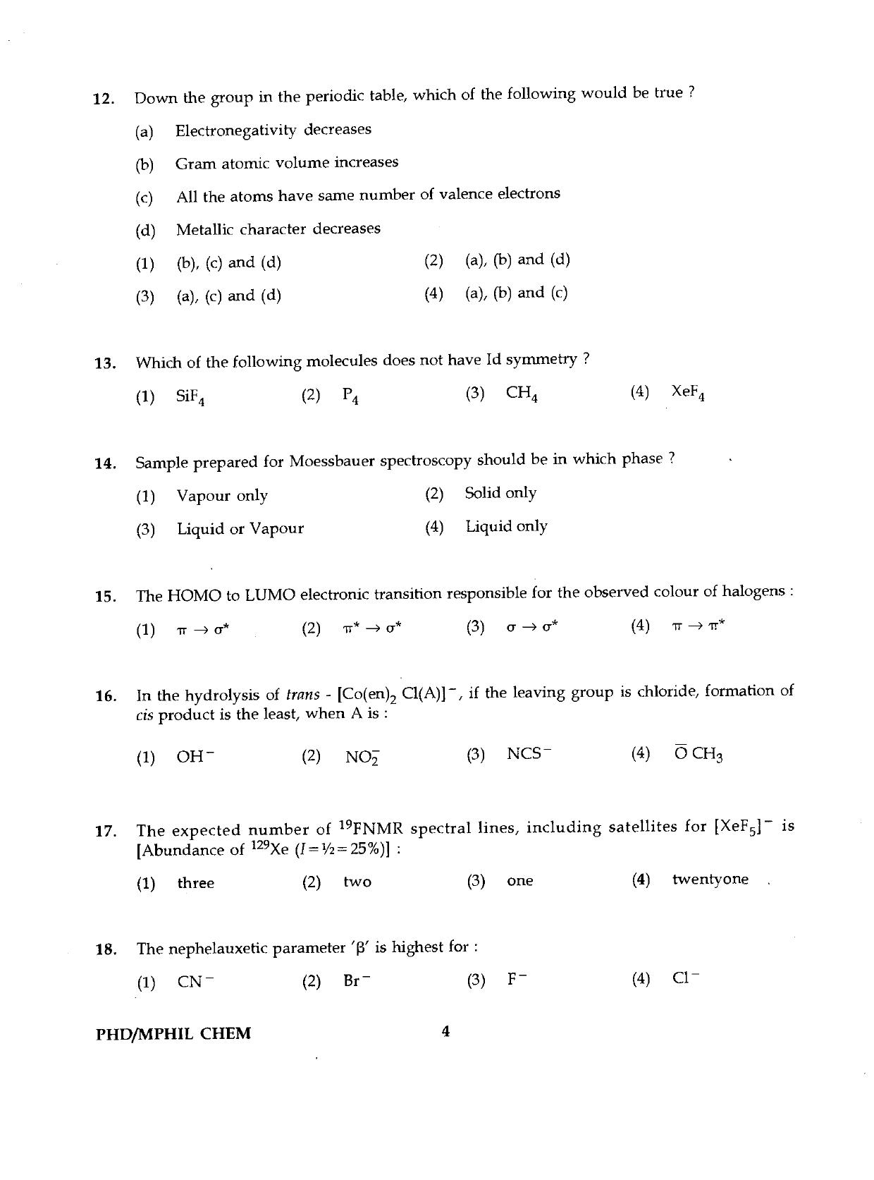 IGNOU PhD Entrance Test Ph.D./M.Phil  (Chemistry) 2019 Question Paper - Page 4