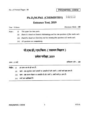 IGNOU PhD Entrance Test Ph.D./M.Phil  (Chemistry) 2019 Question Paper