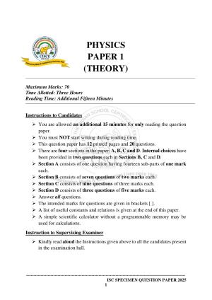 ISC Class 12 2025 PHYSICS  (SQP & AK) Specimen Paper