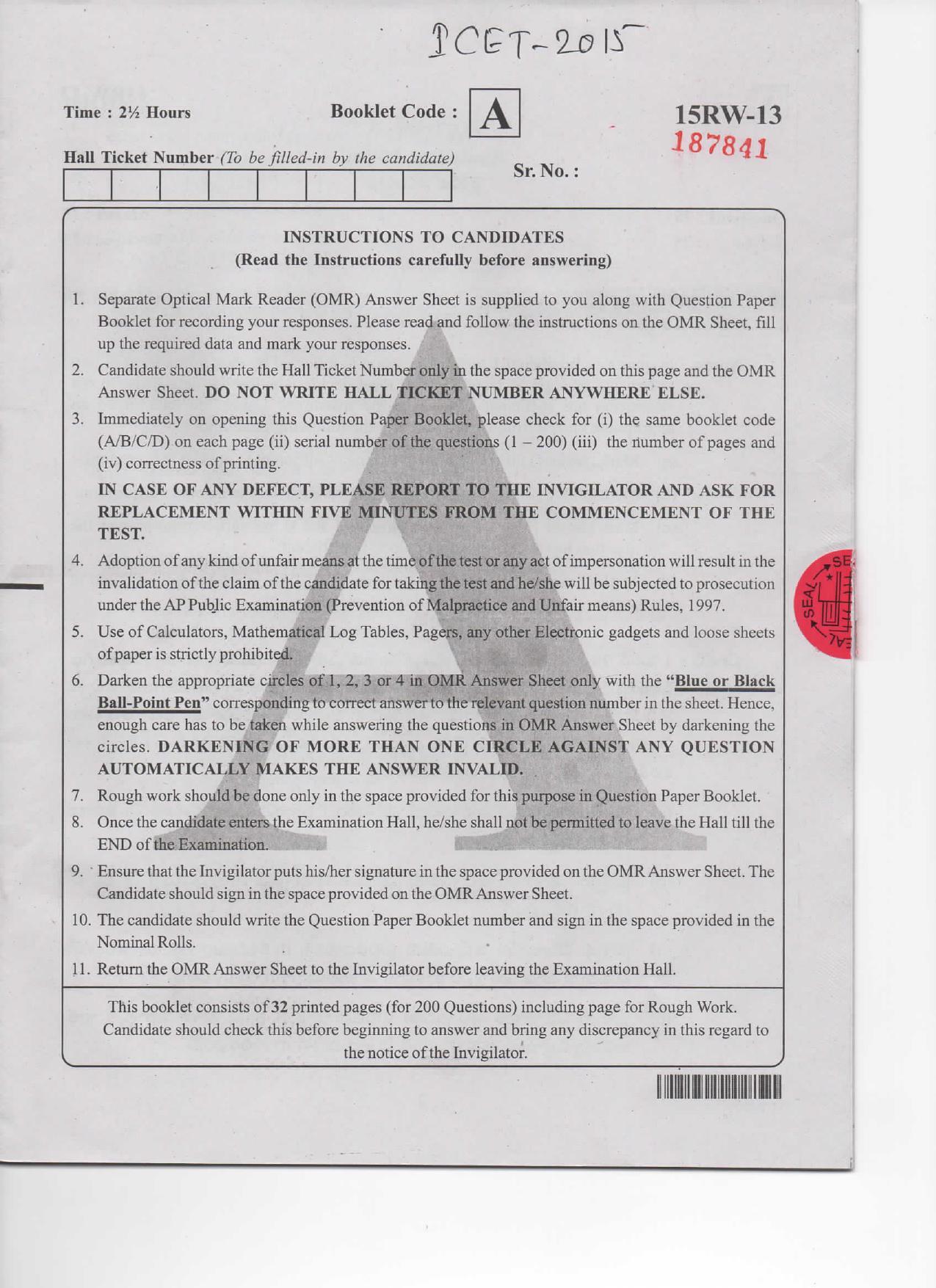 TS ICET 2015 Question Paper - Page 1