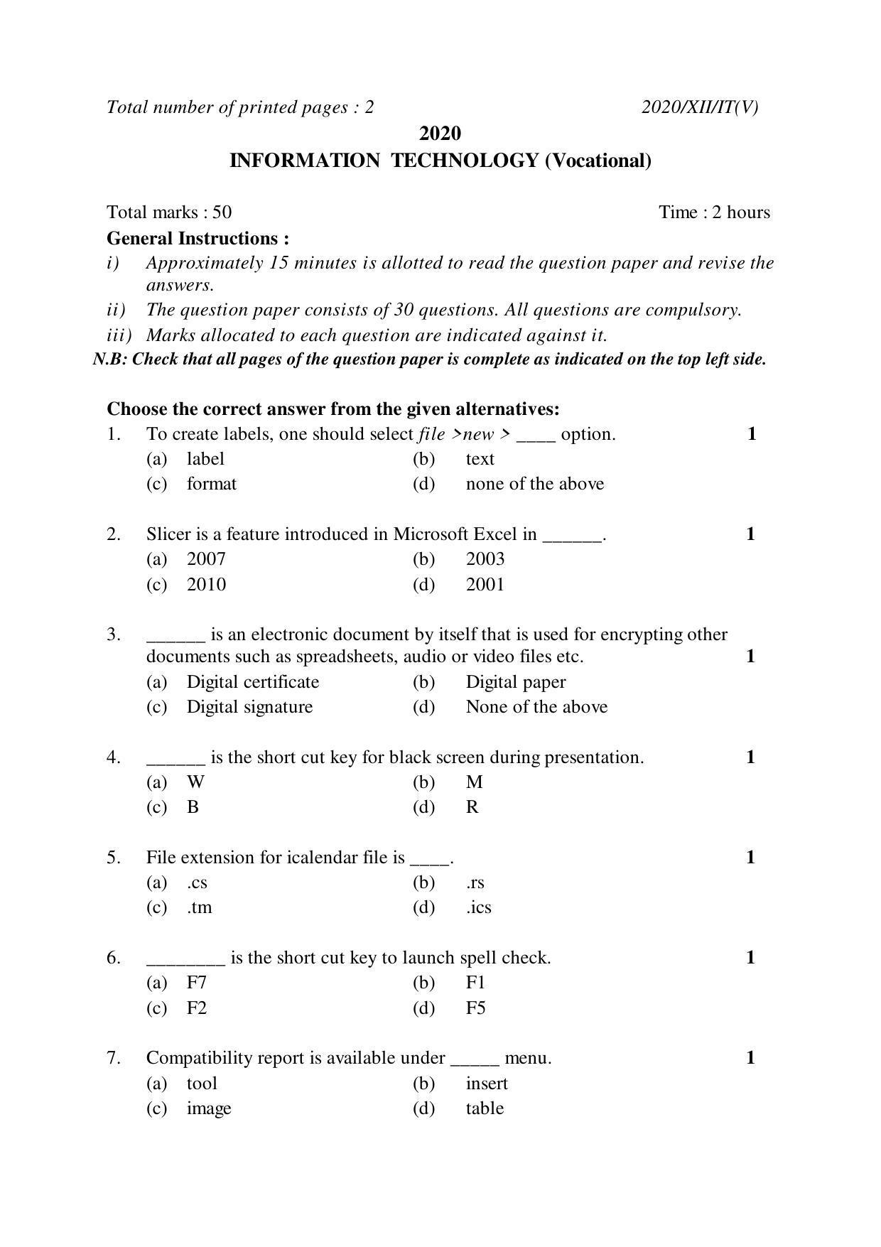 Nagaland Board Class 12 INFORMATION TECHNOLOGY (Vocational) 2020 Question Papers - Page 1