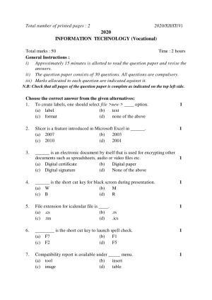 Nagaland Board Class 12 INFORMATION TECHNOLOGY (Vocational) 2020 Question Papers