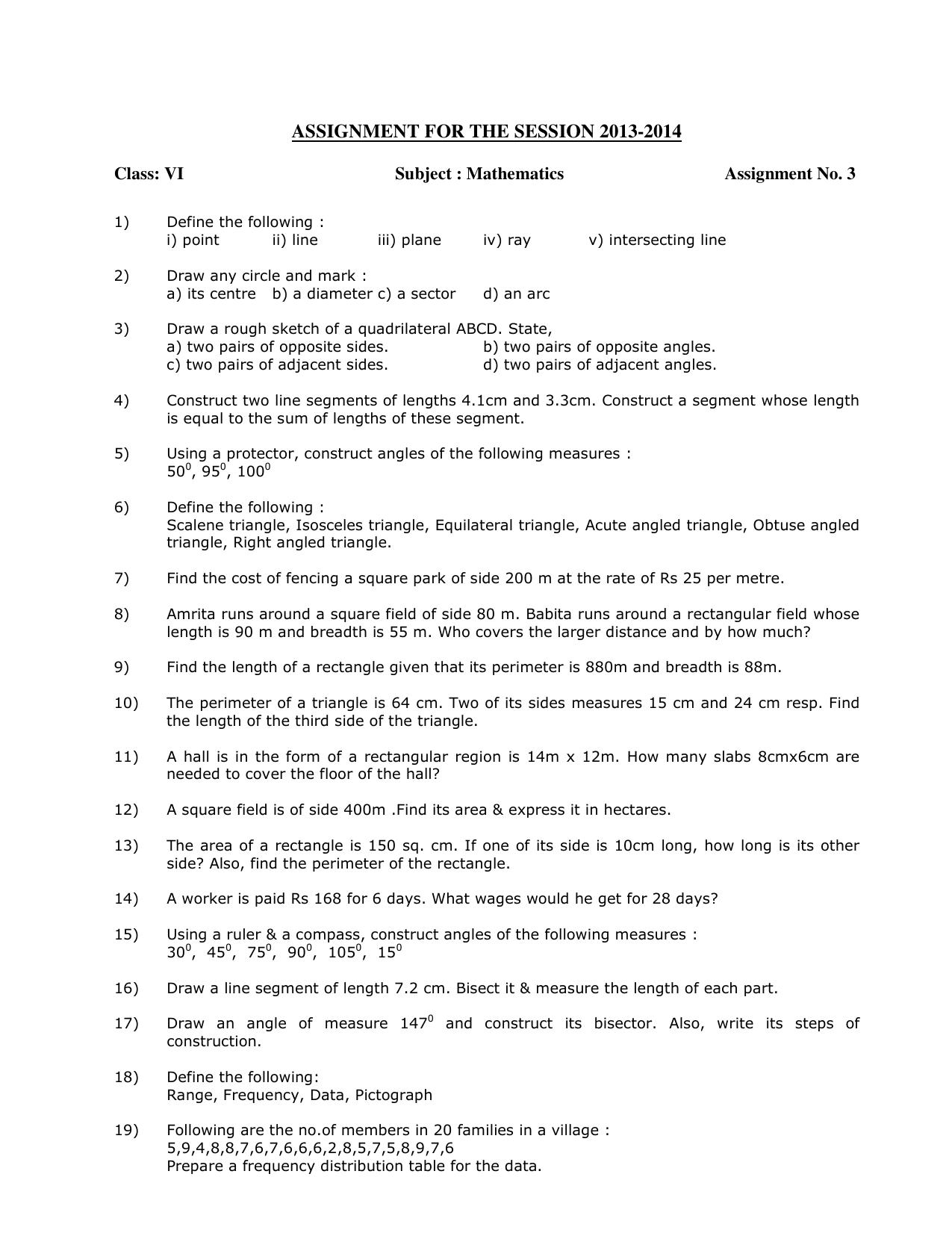 CBSE Worksheets for Class 6 Maths Assignment 13 - Page 1