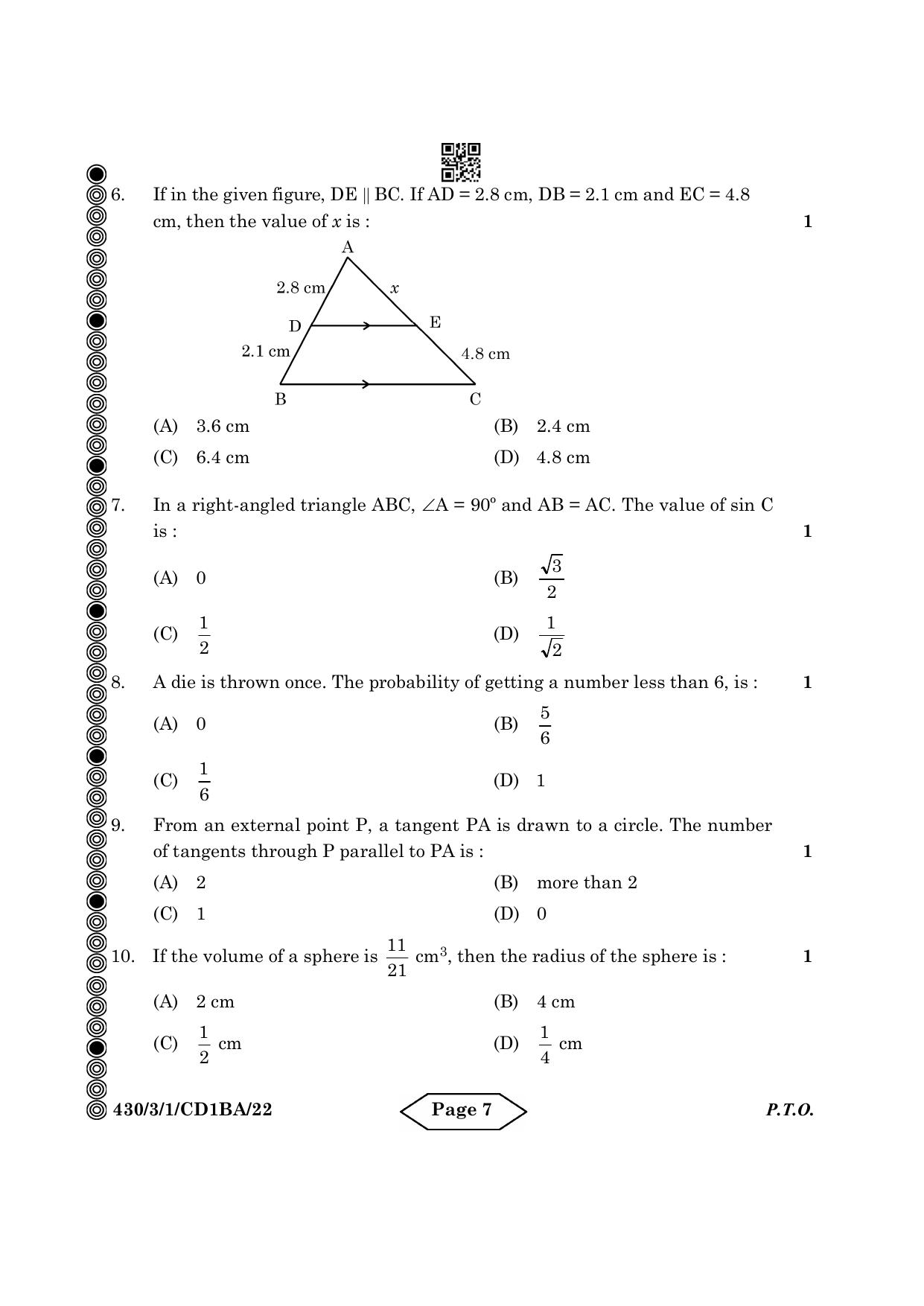 CBSE Class 10 430-3-1 Mathematics Basic 2024 Question Paper - Page 7