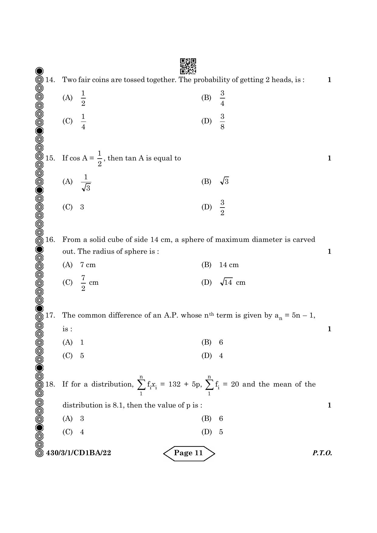 CBSE Class 10 430-3-1 Mathematics Basic 2024 Question Paper - Page 11