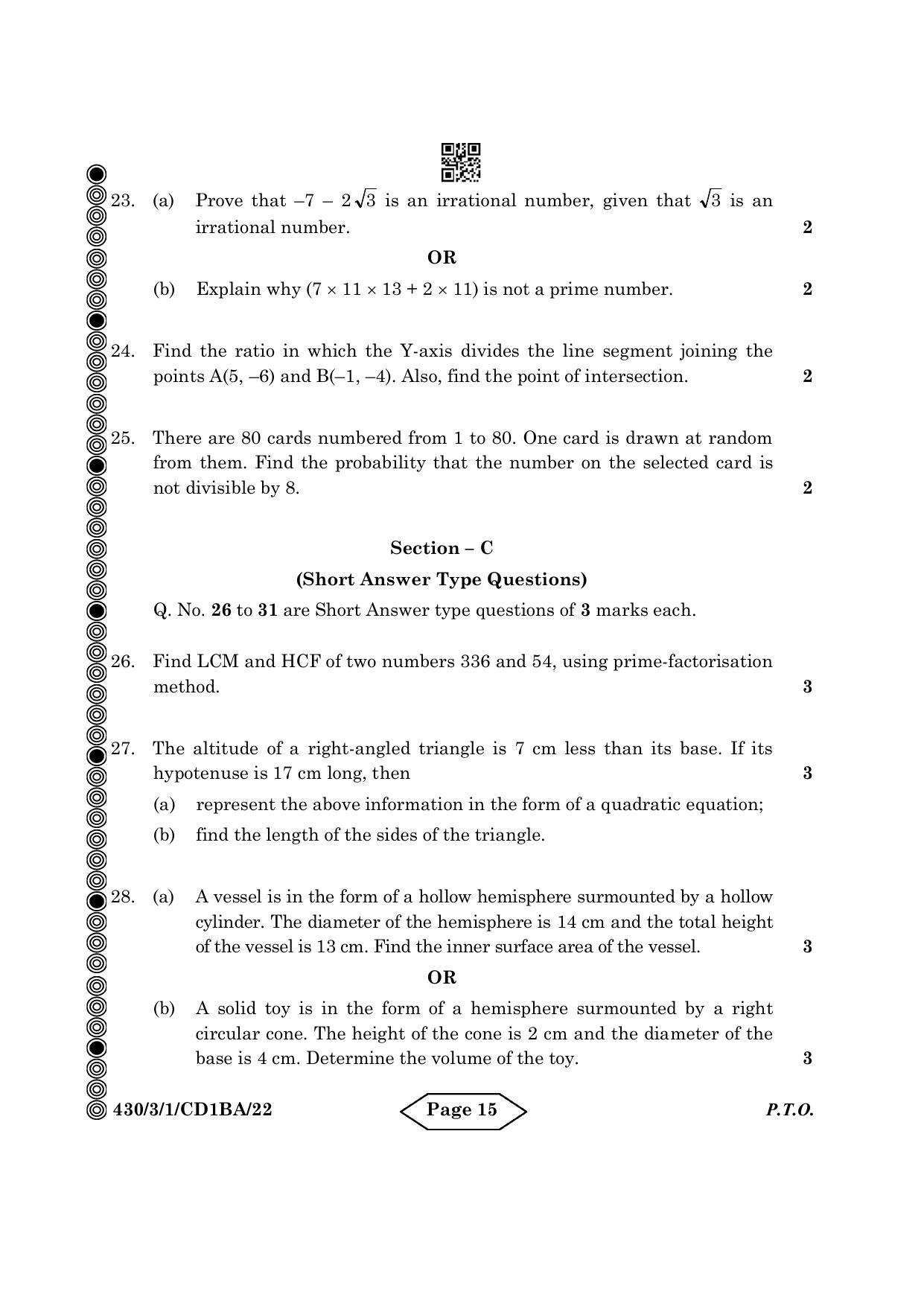 CBSE Class 10 430-3-1 Mathematics Basic 2024 Question Paper - Page 15