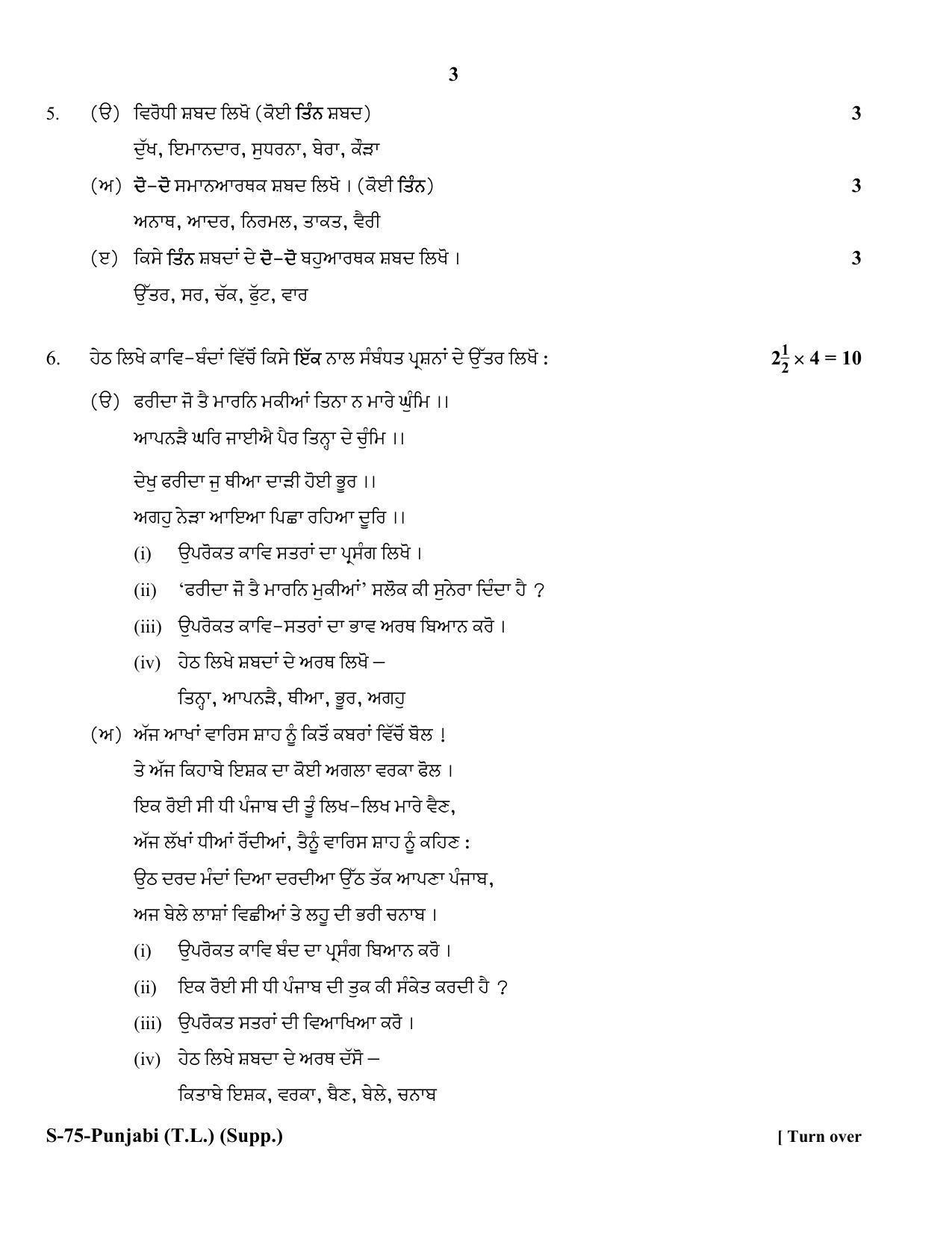 RBSE Class 10 Punjabi (T.L.) Supplementary 2018 Question Paper - Page 3