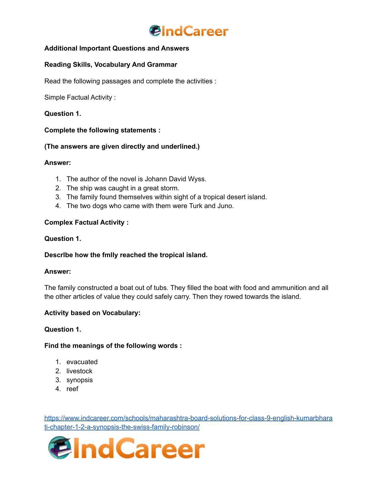 Maharashtra Board Solutions for Class 9- English Kumarbharati: Chapter 1.2- A Synopsis – The Swiss Family Robinson - Page 15