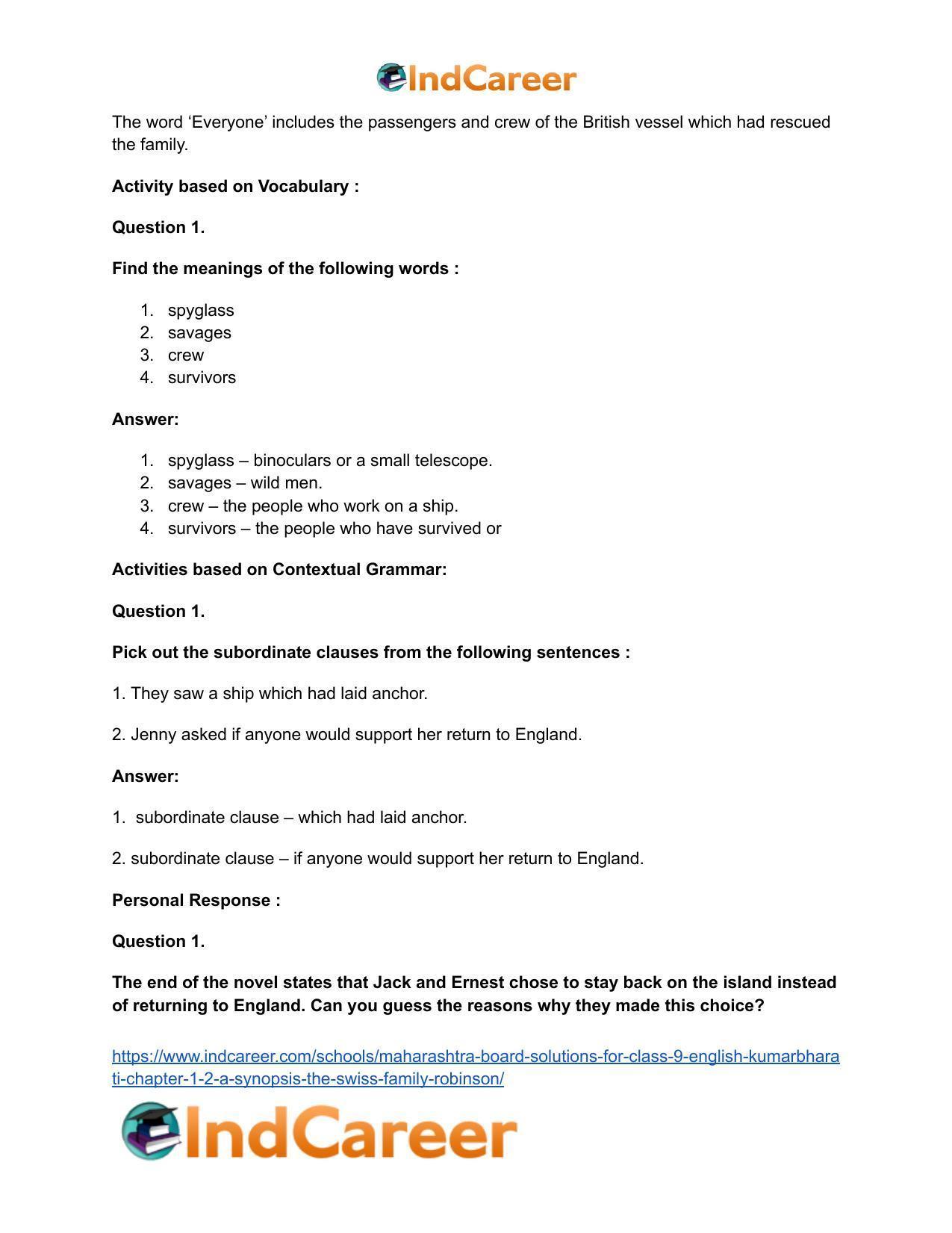 Maharashtra Board Solutions for Class 9- English Kumarbharati: Chapter 1.2- A Synopsis – The Swiss Family Robinson - Page 22
