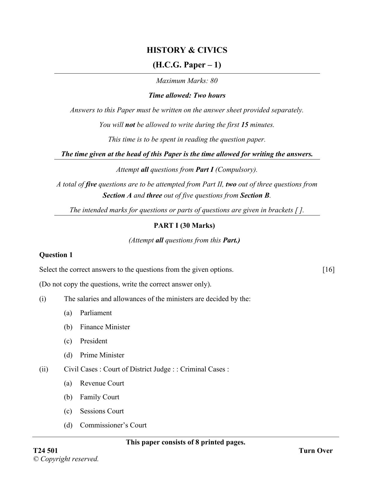 ICSE Class 10 History & Civics (H.C.G. Paper - 1) 2024 Question Paper - Page 1