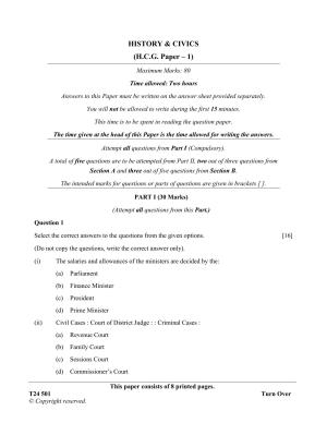 ICSE Class 10 History & Civics (H.C.G. Paper - 1) 2024 Question Paper