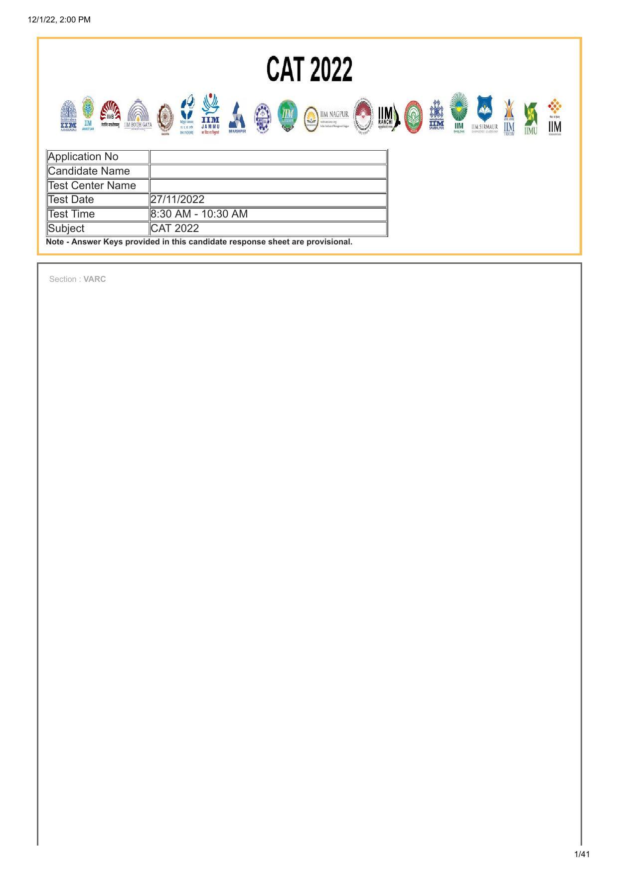 CAT 2022 CAT Slot 1 Question Paper - Page 1