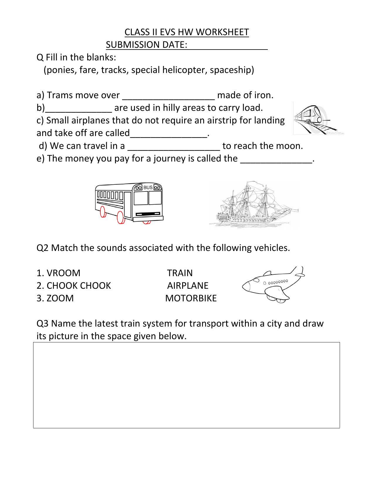 Worksheets for Class 2 EVS Assignment 37 Transport - Page 1