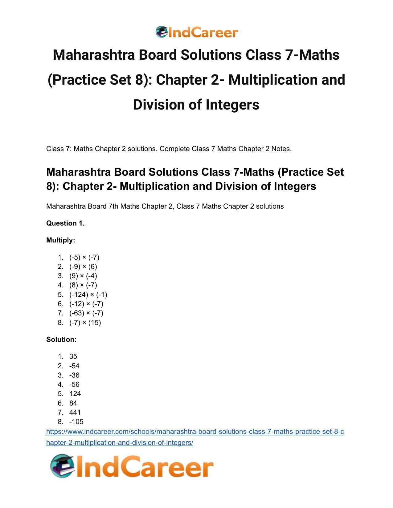 Maharashtra Board Solutions Class 7-Maths (Practice Set 8): Chapter 2- Multiplication and Division of Integers - Page 2