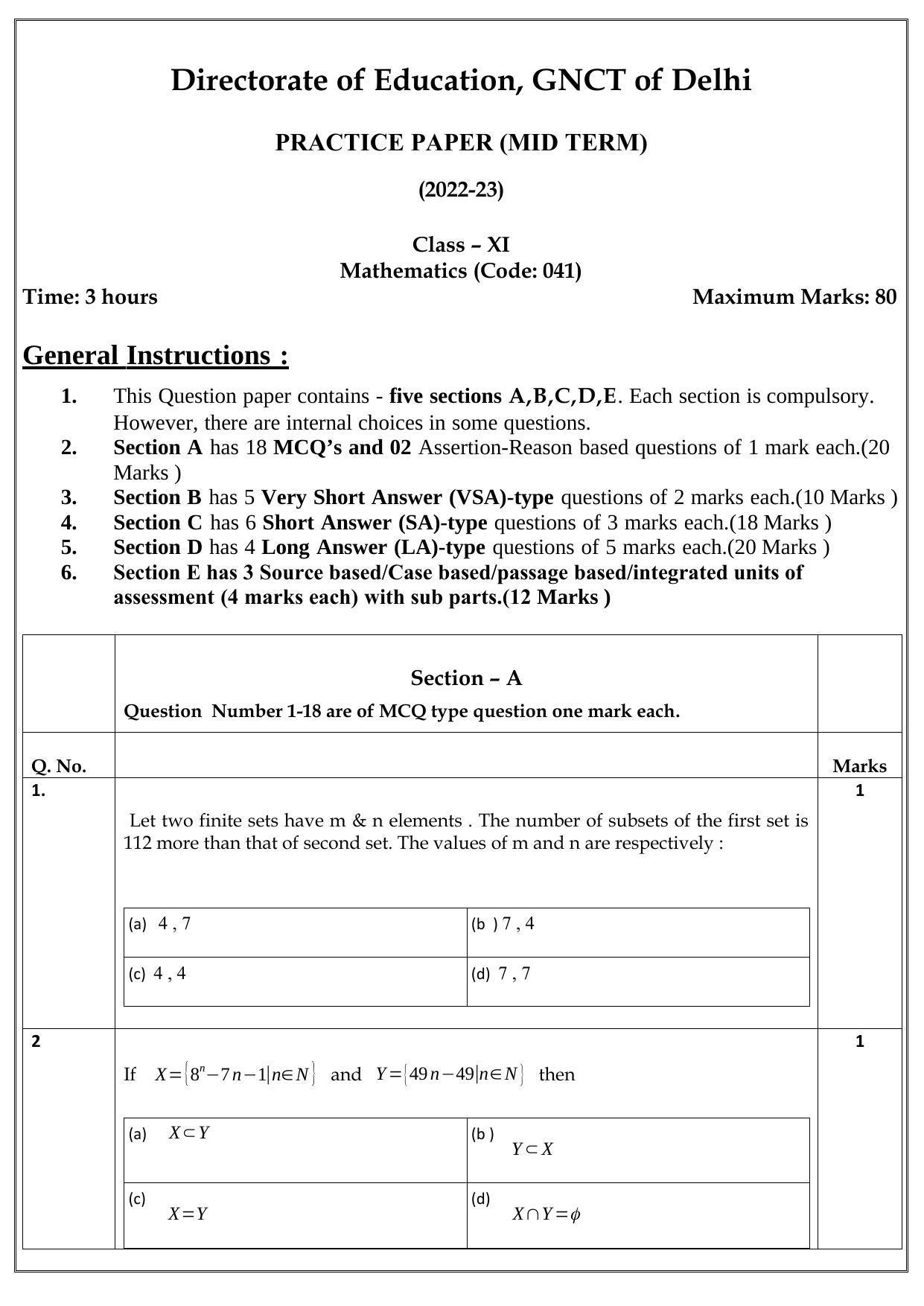 Edudel Class 11 Math Sample Question Paper - Page 1