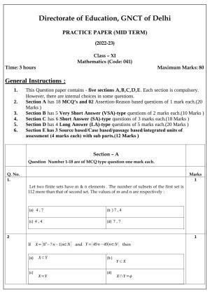 Edudel Class 11 Math Sample Question Paper