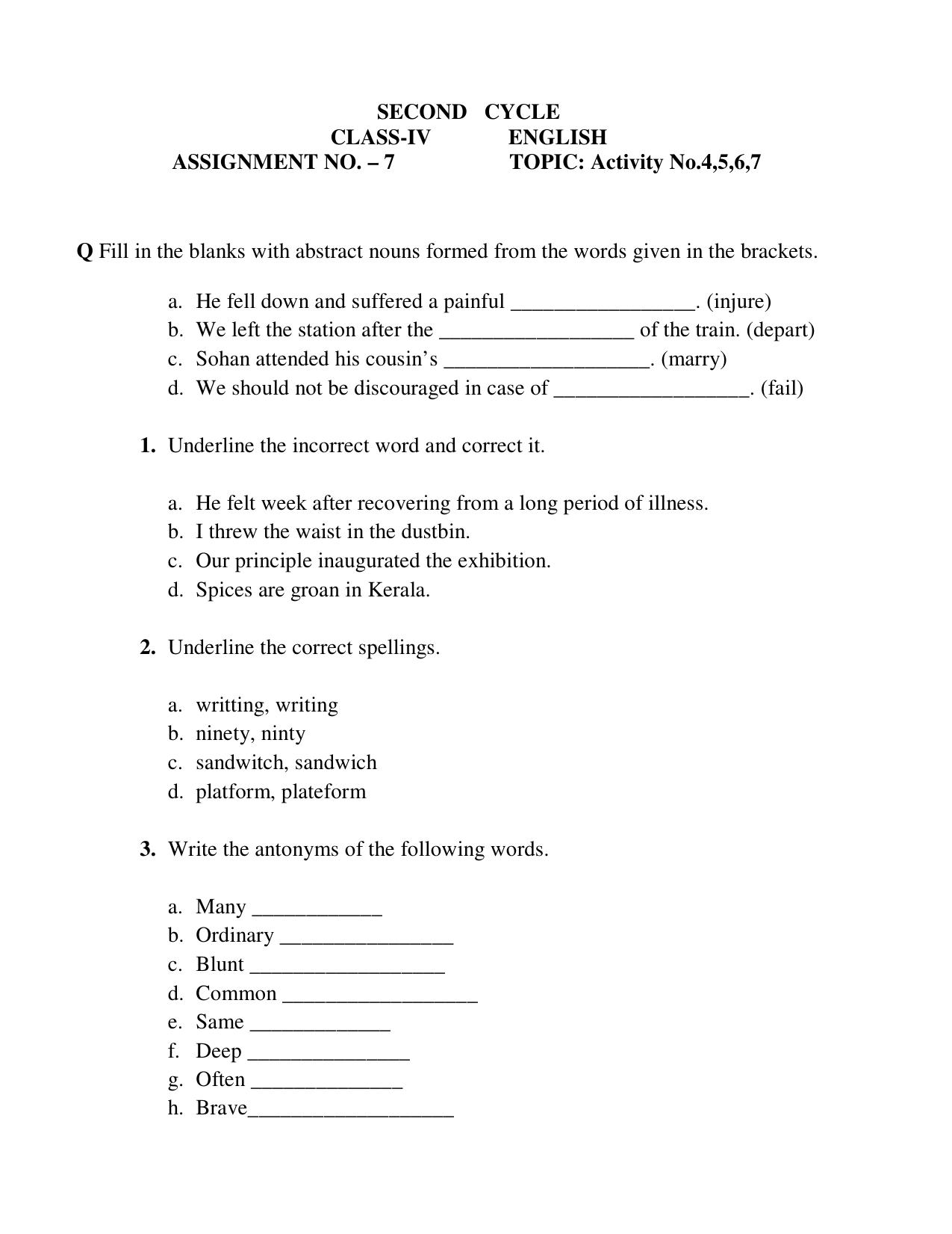 Worksheet for Class 4 English Assignment 7 - Page 1