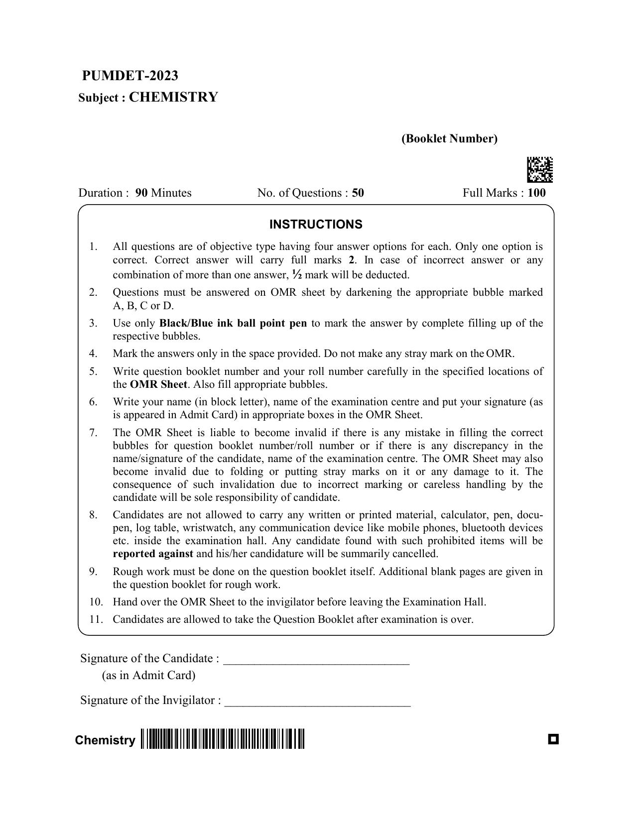 PUBDET 2023 Chemistry Question Paper - Page 1