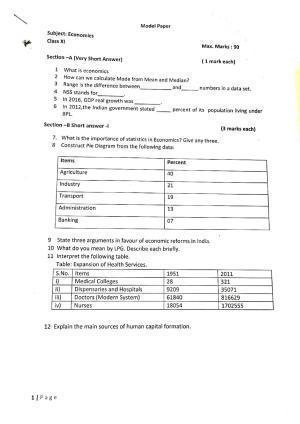 JKBOSE Class 11 Economics Model Question Paper 2023
