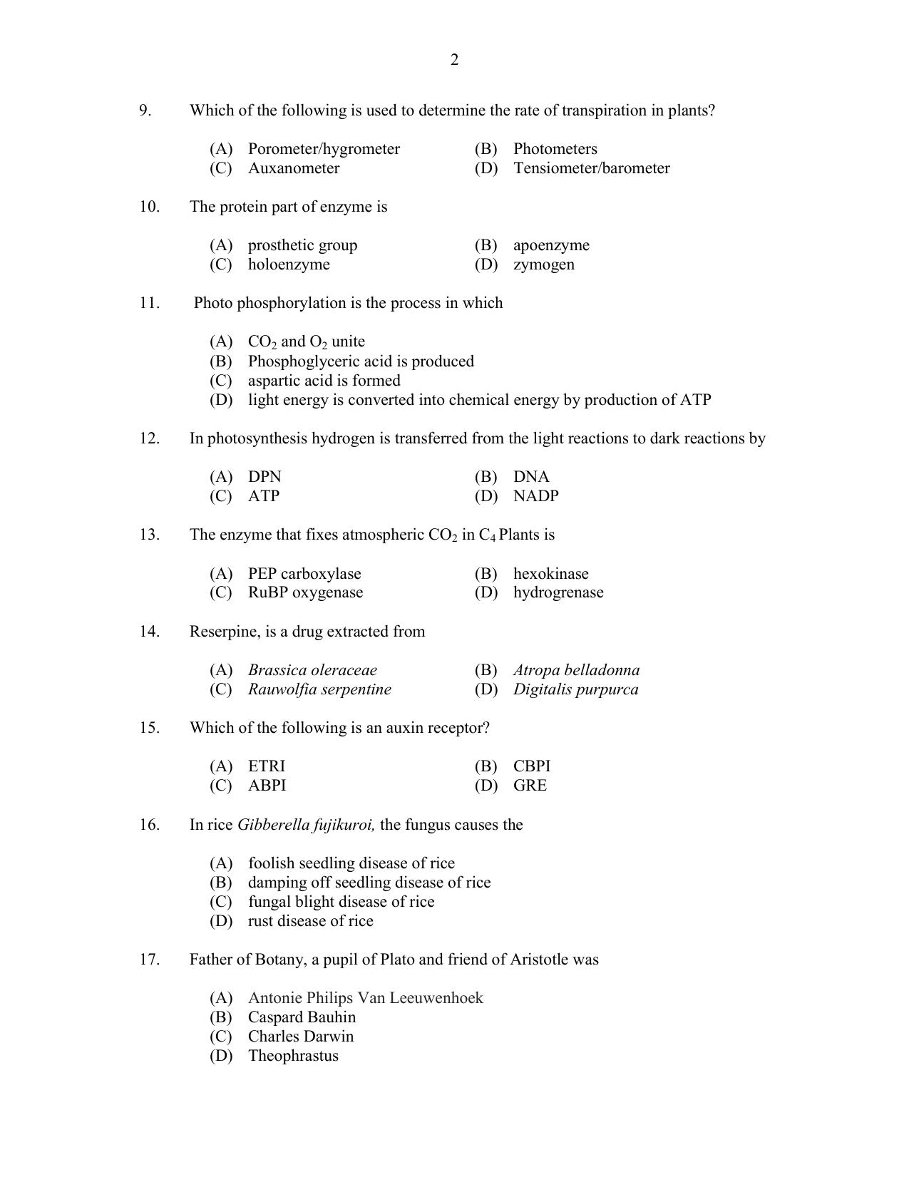 CUSAT CAT 2017 Biotechnology Question Paper - Page 2
