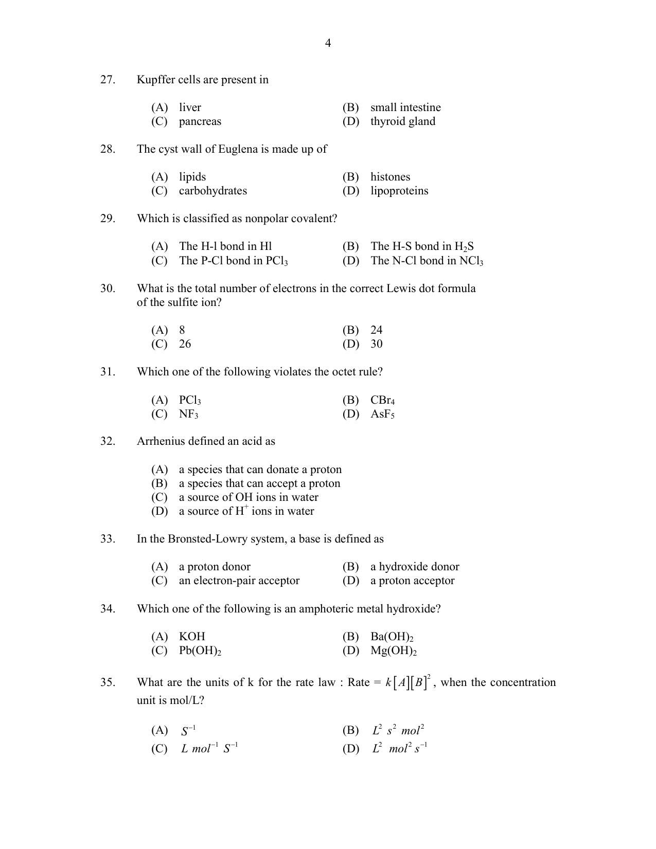 CUSAT CAT 2017 Biotechnology Question Paper - Page 4