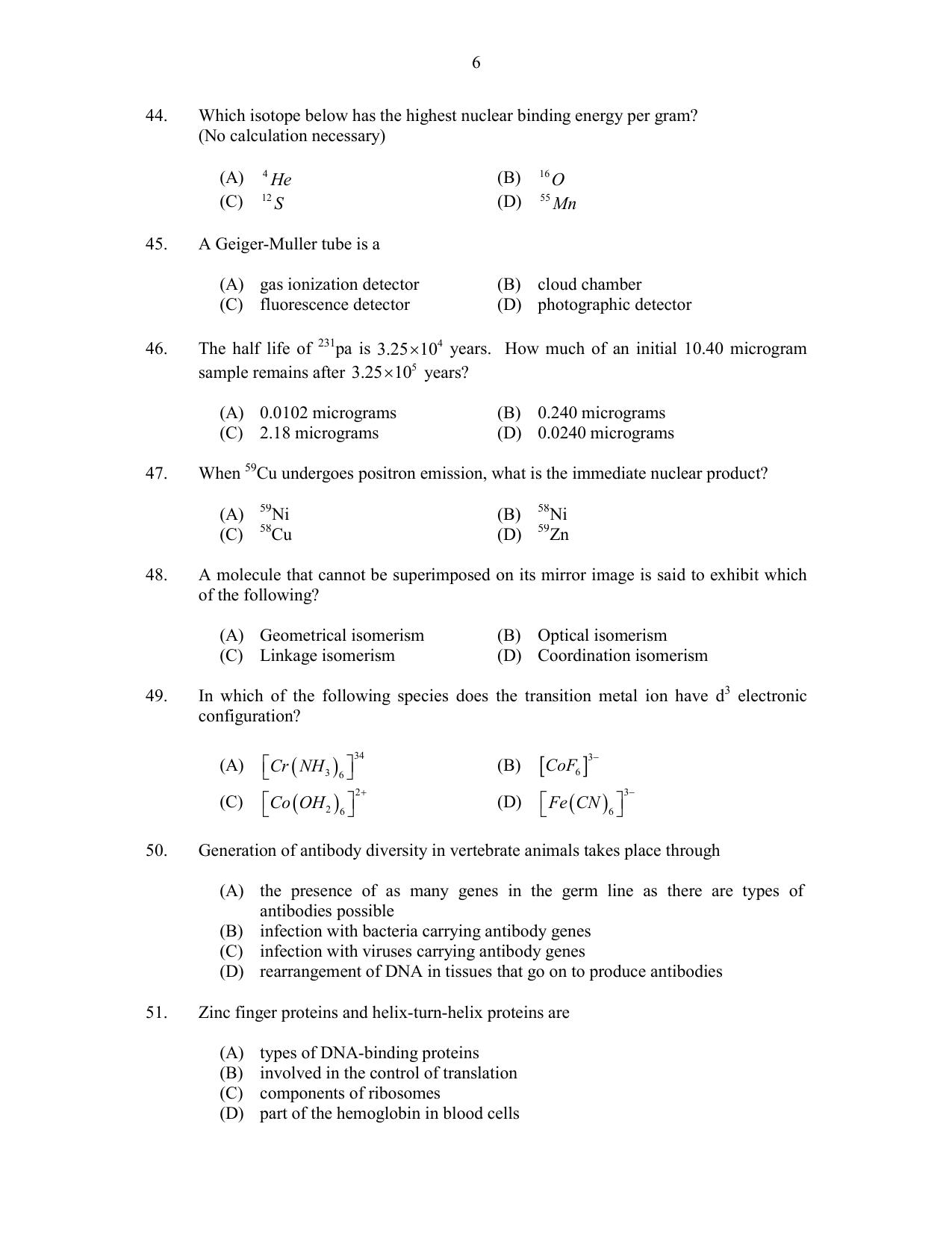 CUSAT CAT 2017 Biotechnology Question Paper - Page 6