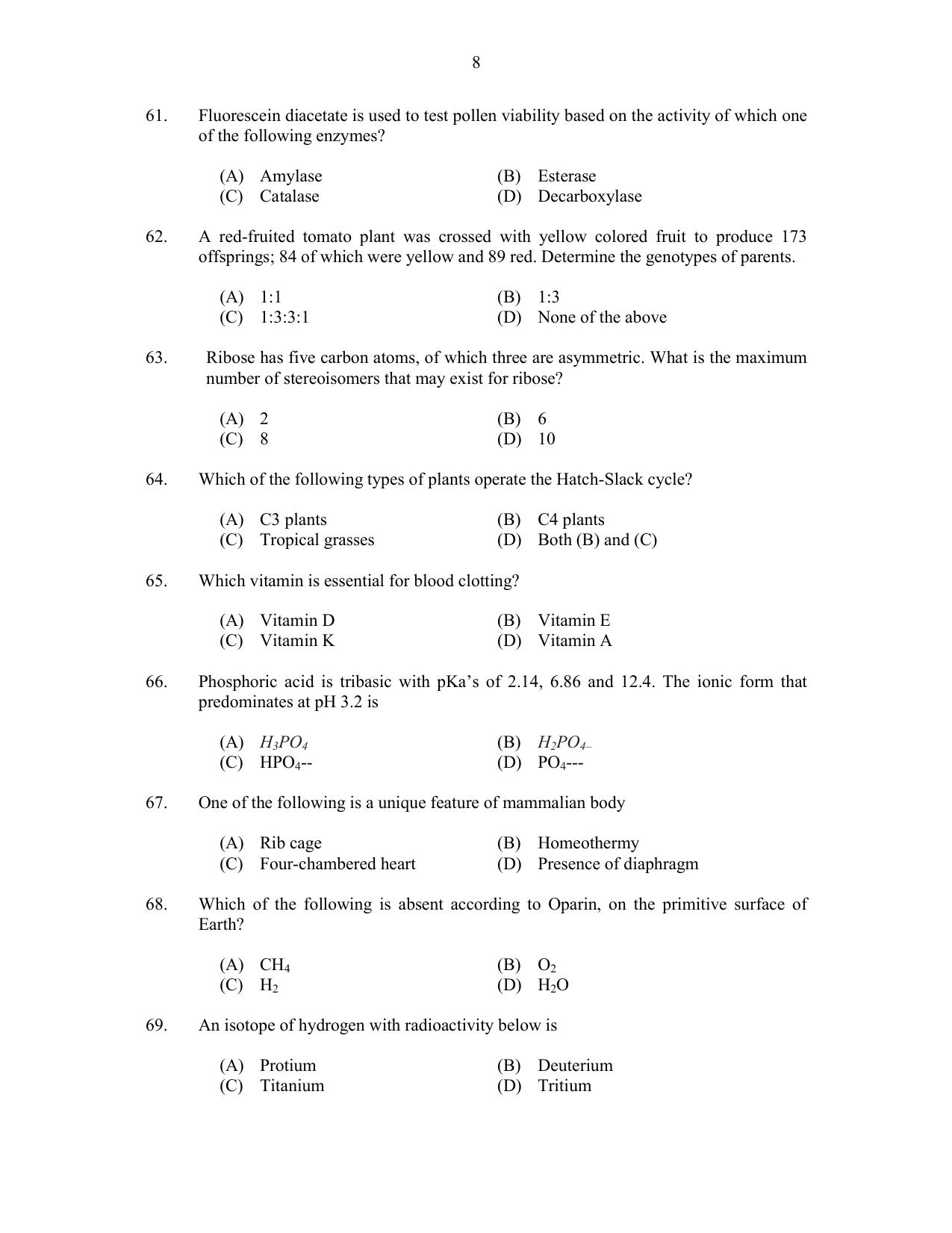 CUSAT CAT 2017 Biotechnology Question Paper - Page 8