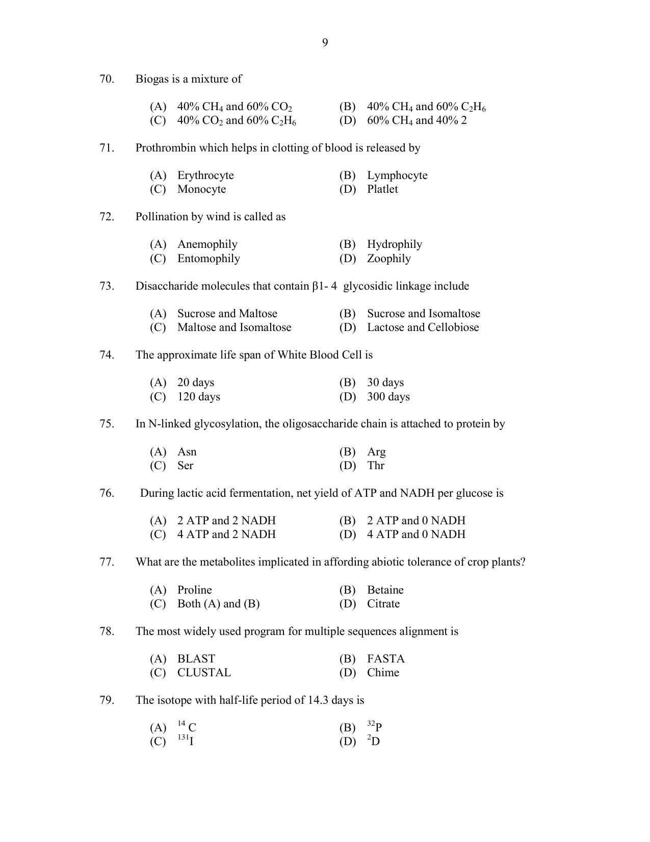 CUSAT CAT 2017 Biotechnology Question Paper - Page 9