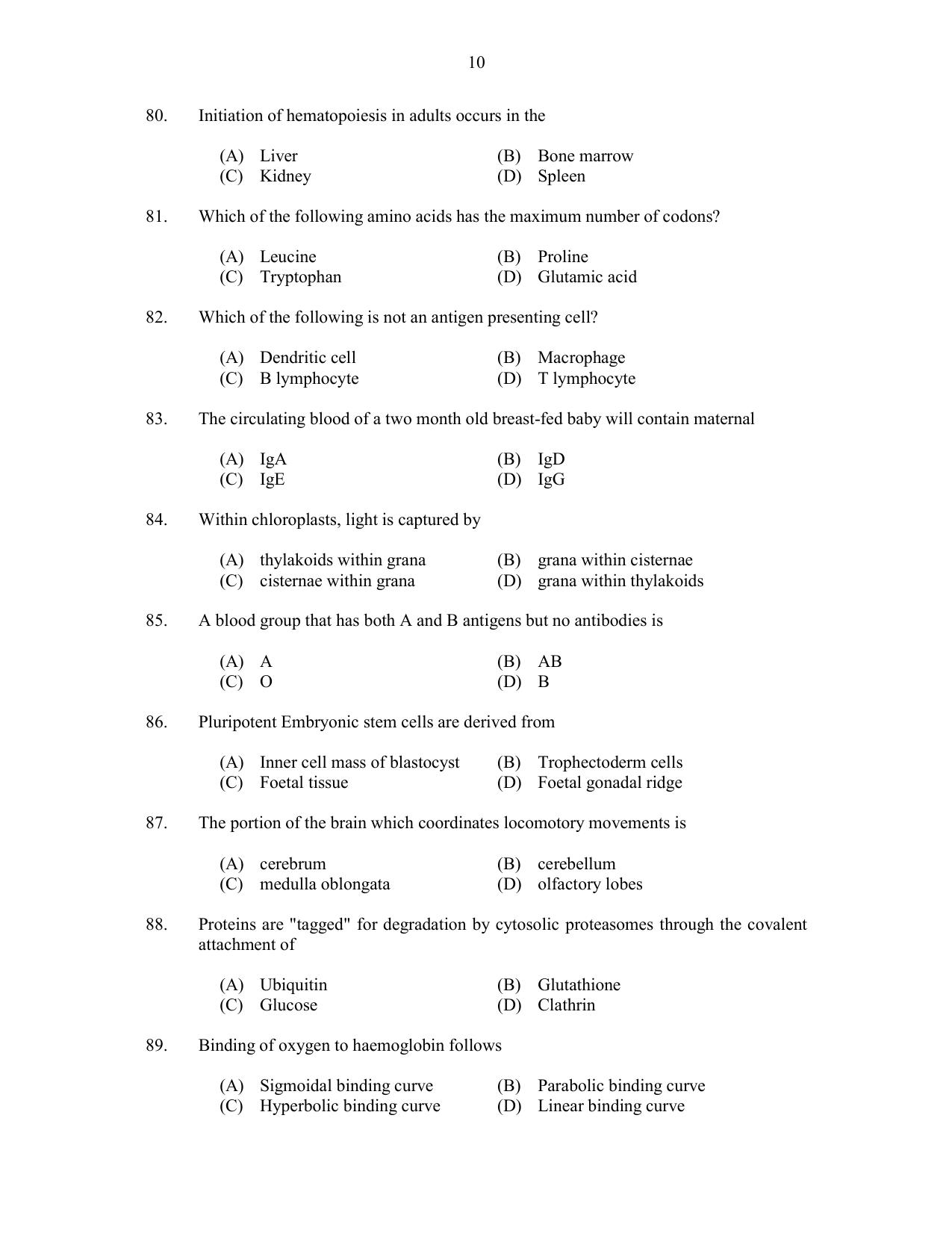 CUSAT CAT 2017 Biotechnology Question Paper - Page 10