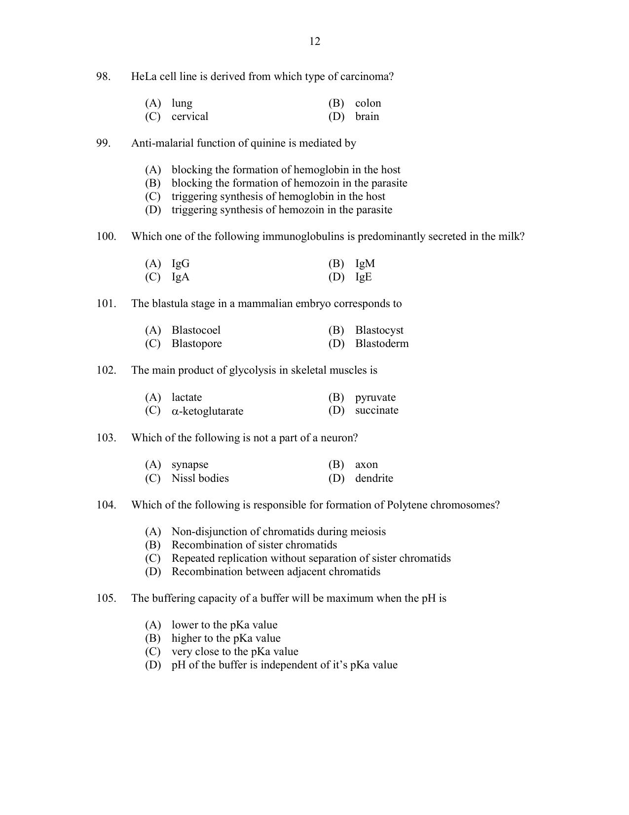 CUSAT CAT 2017 Biotechnology Question Paper - Page 12