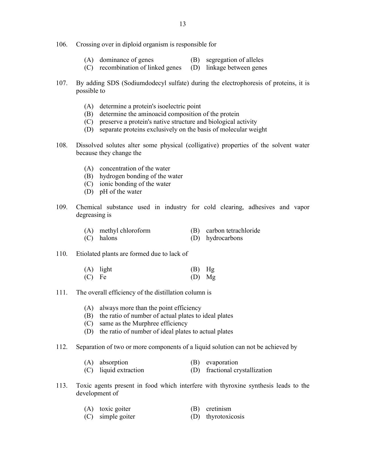 CUSAT CAT 2017 Biotechnology Question Paper - Page 13