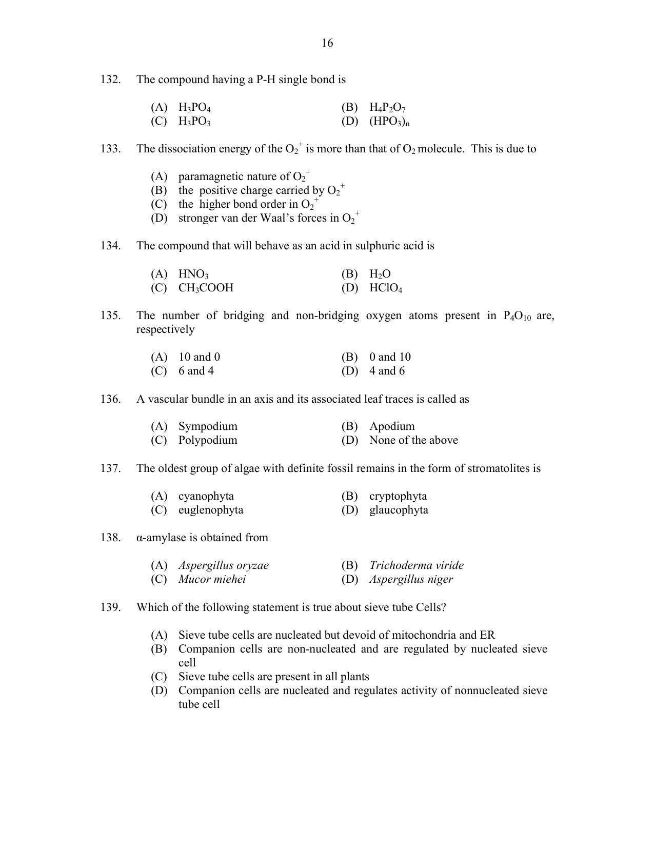 CUSAT CAT 2017 Biotechnology Question Paper - Page 16