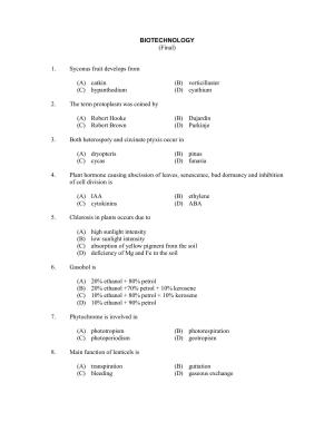CUSAT CAT 2017 Biotechnology Question Paper