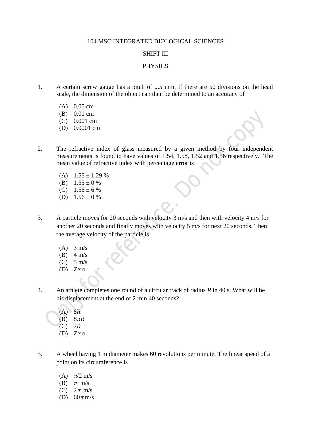 CUSAT CAT 2021 MSC Integrated Biology Shift III Question Paper - Page 1