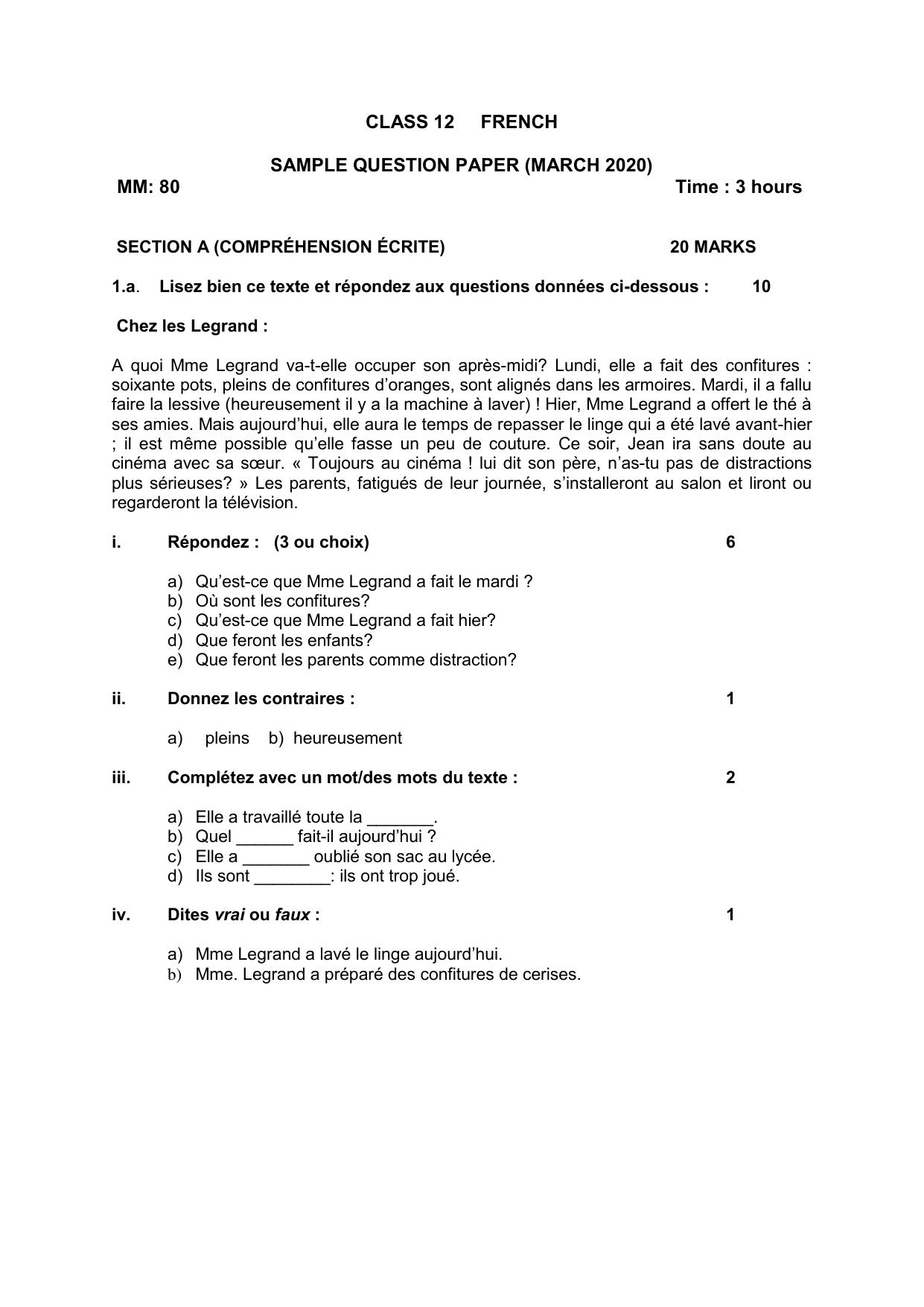CBSE Class 12 French Skill Education-Sample Paper 2019-20 - Page 1