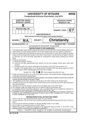 Mysore University PG Entrance Exam 2019: Christianity Question Paper