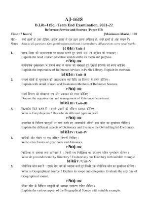 Bilaspur University Question Paper 2021-2022:B.LIB (I Year Degree Course) Refernce Service And Sources Paper 1