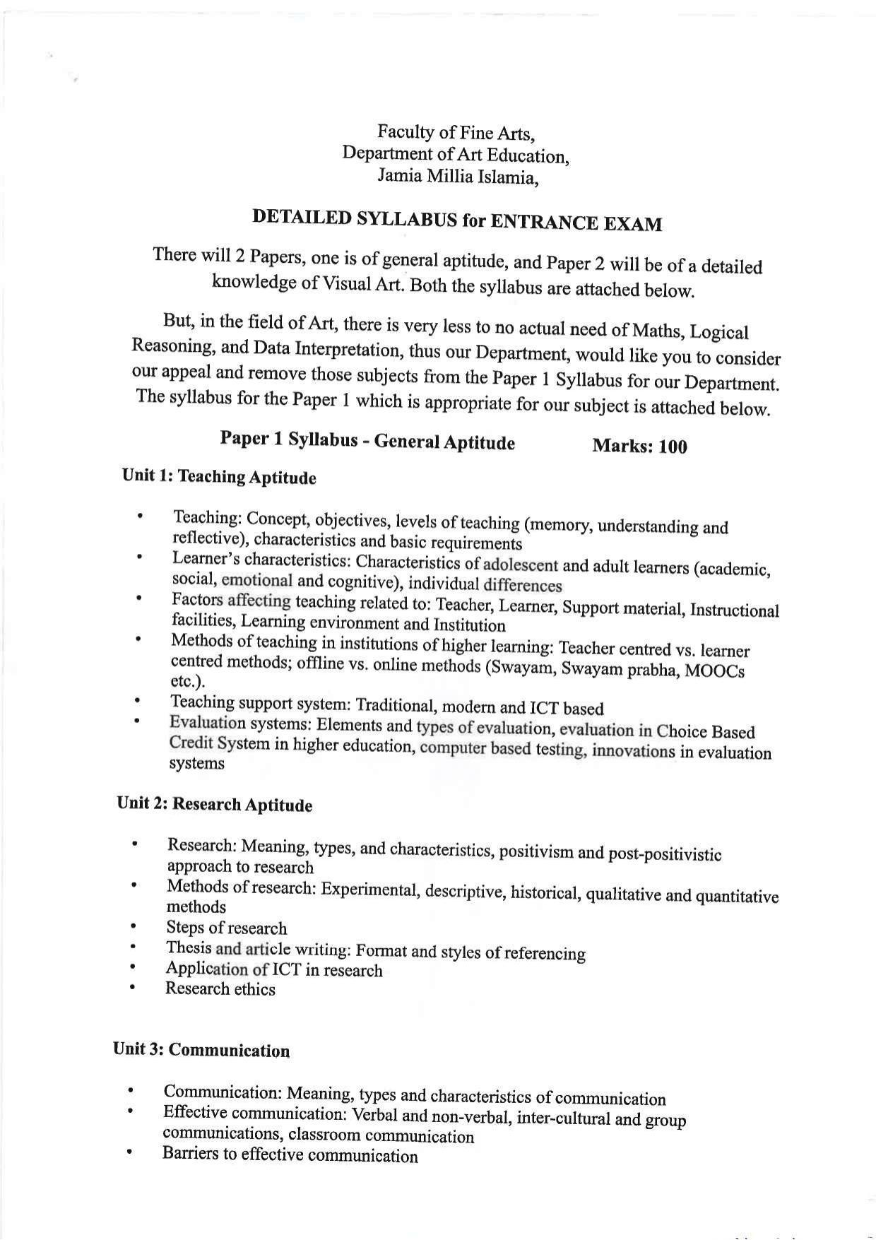 JMI Entrance Exam FACULTY OF FINE ARTS Syllabus - Page 1