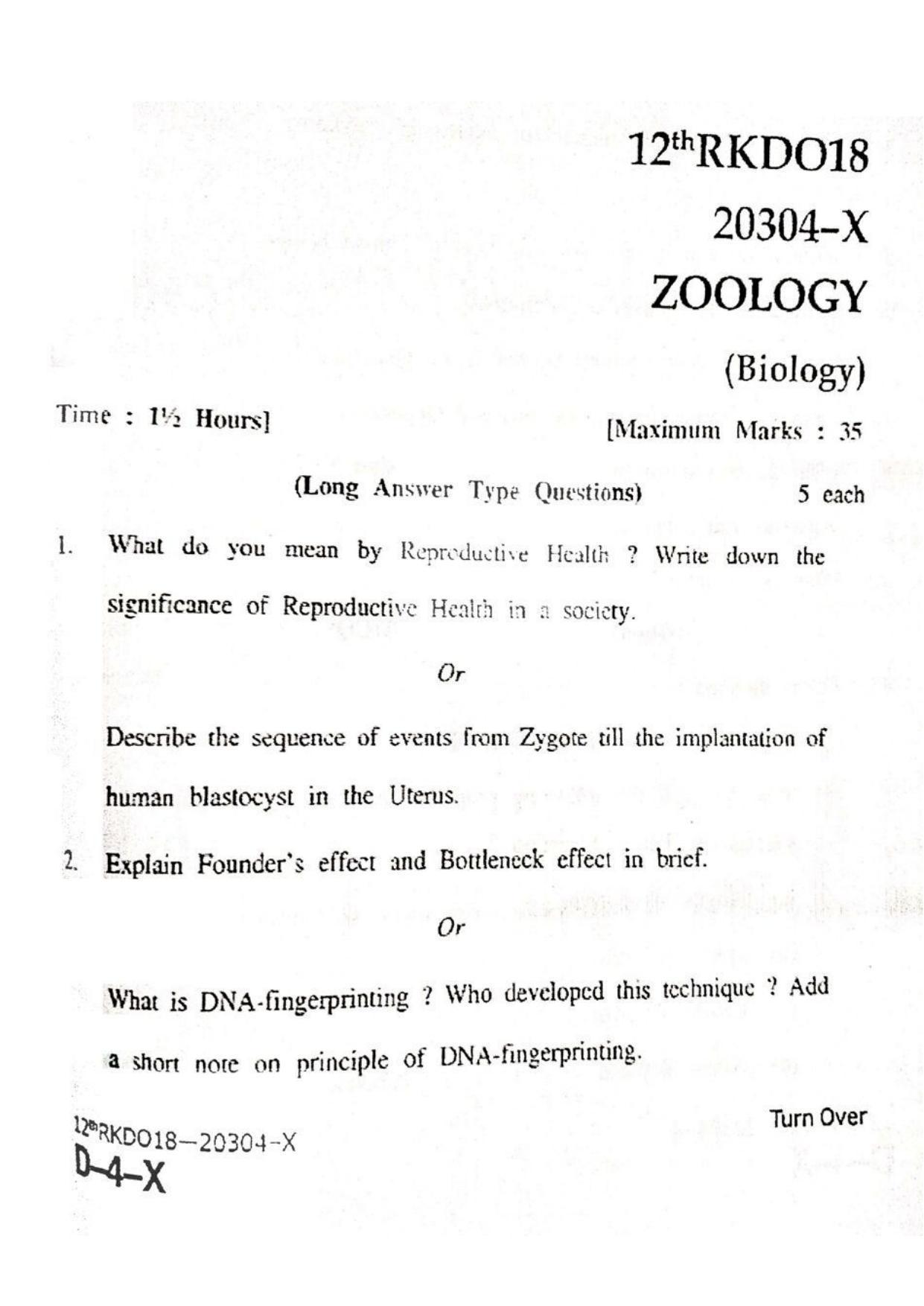 JKBOSE Class 12 Biology-Zoology 20304-X Question Papers 2018 - Page 1