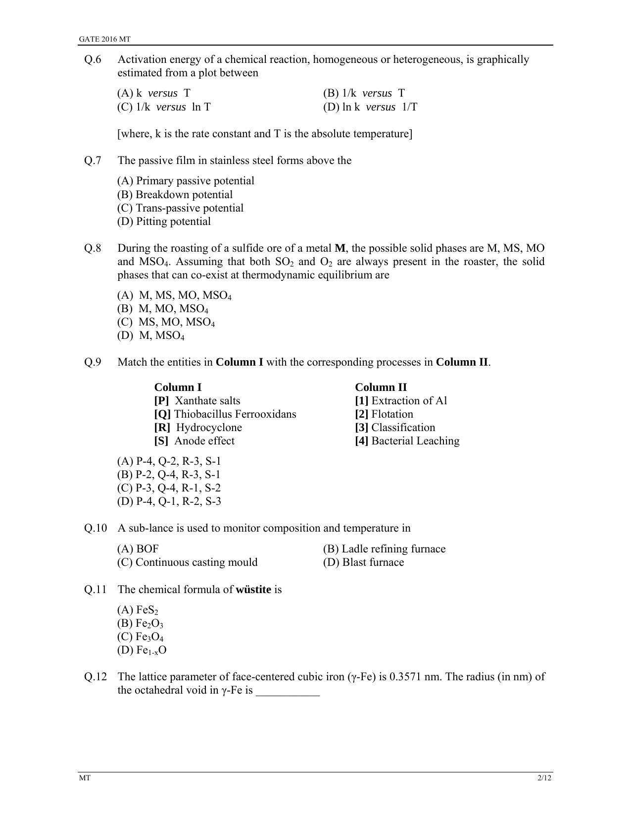 GATE 2016 Metallurgical Engineering (MT) Question Paper with Answer Key - Page 5