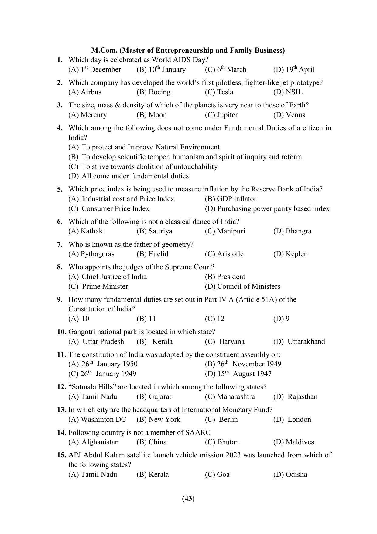 PU CET 2023 Question Paper - Page 43