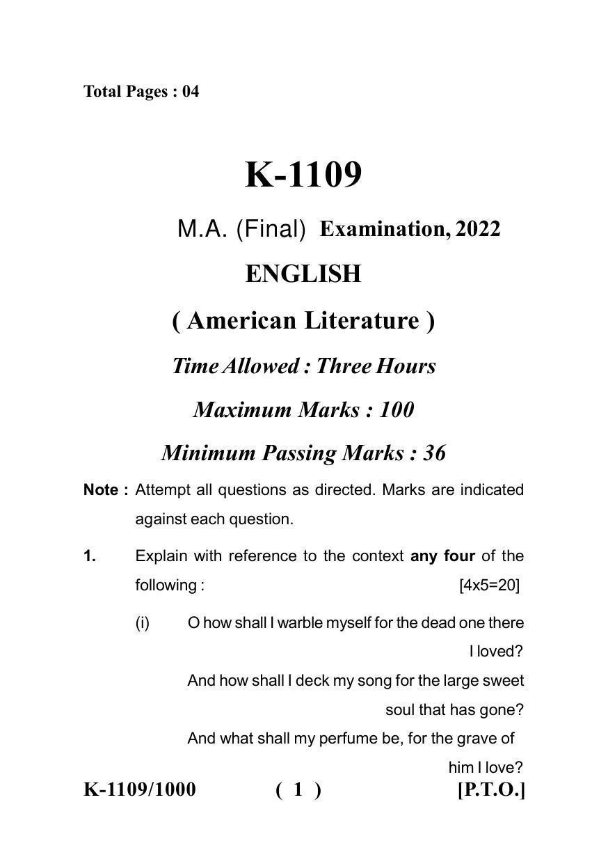 American Questions Paper Example Sarguja University Question Paper - 2022 : M.A. (Final) English ...