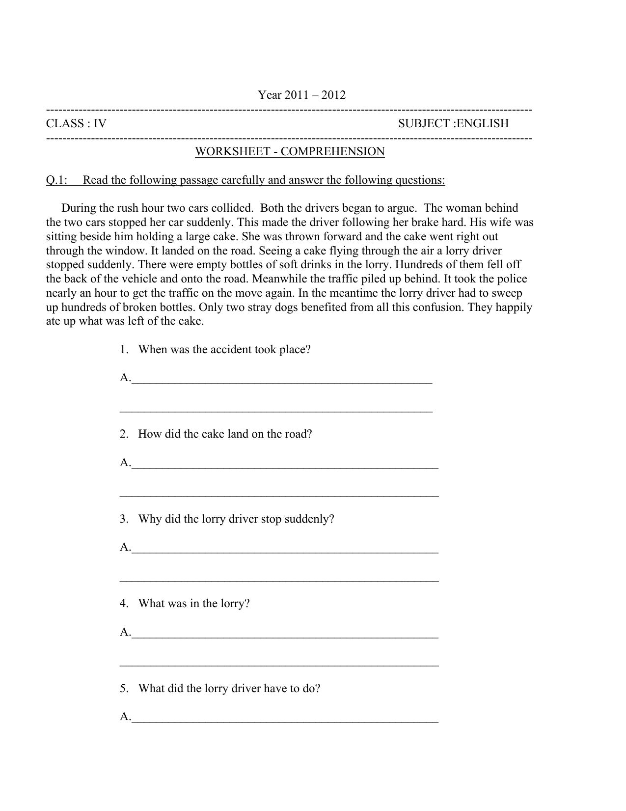 Worksheet for Class 4 English Assignment 118 Comprehension - Page 1