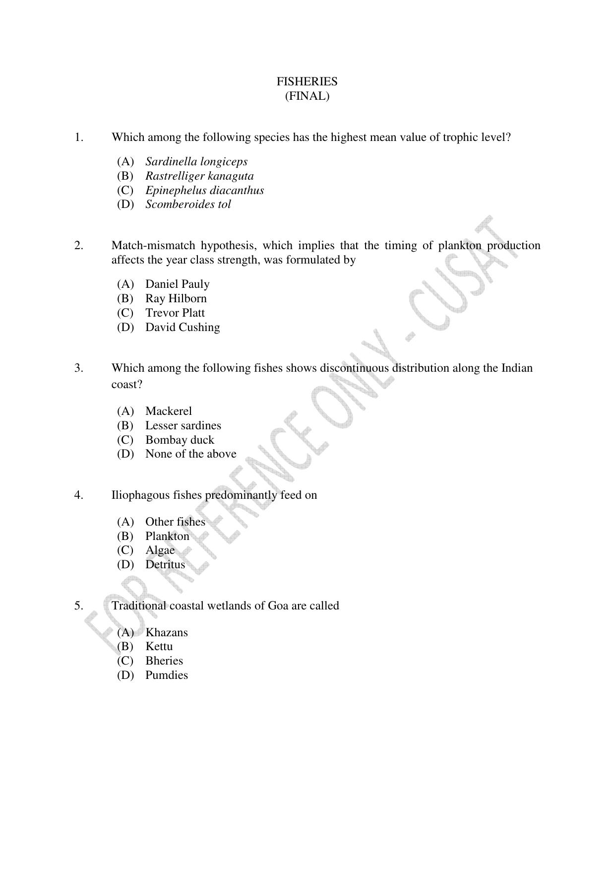 CUSAT CAT 2023 FISHERIES Question Paper - Page 1