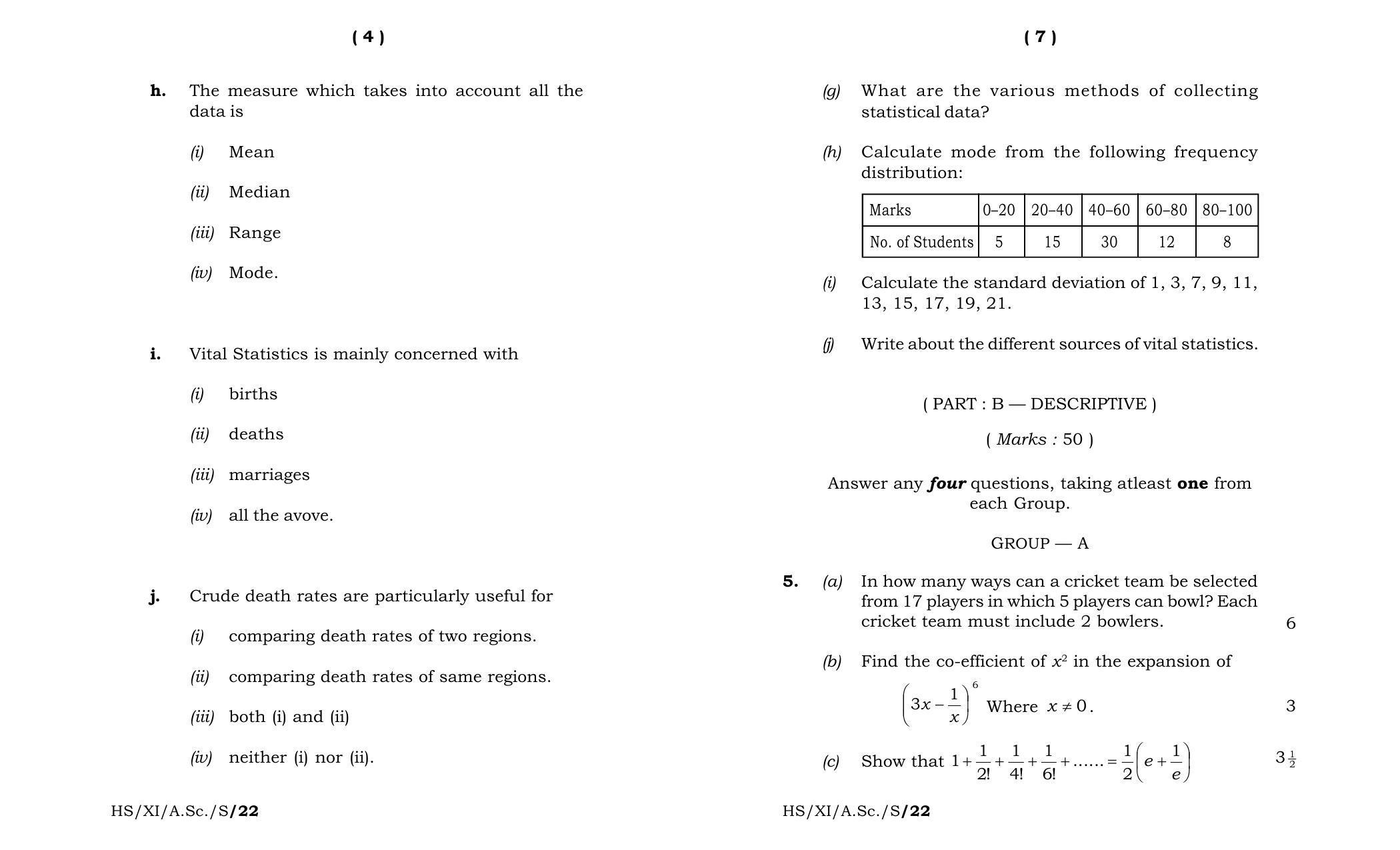 Meghalaya Board (MBOSE) Class 11 Statistics (theory) 2022 Question Paper - Page 4