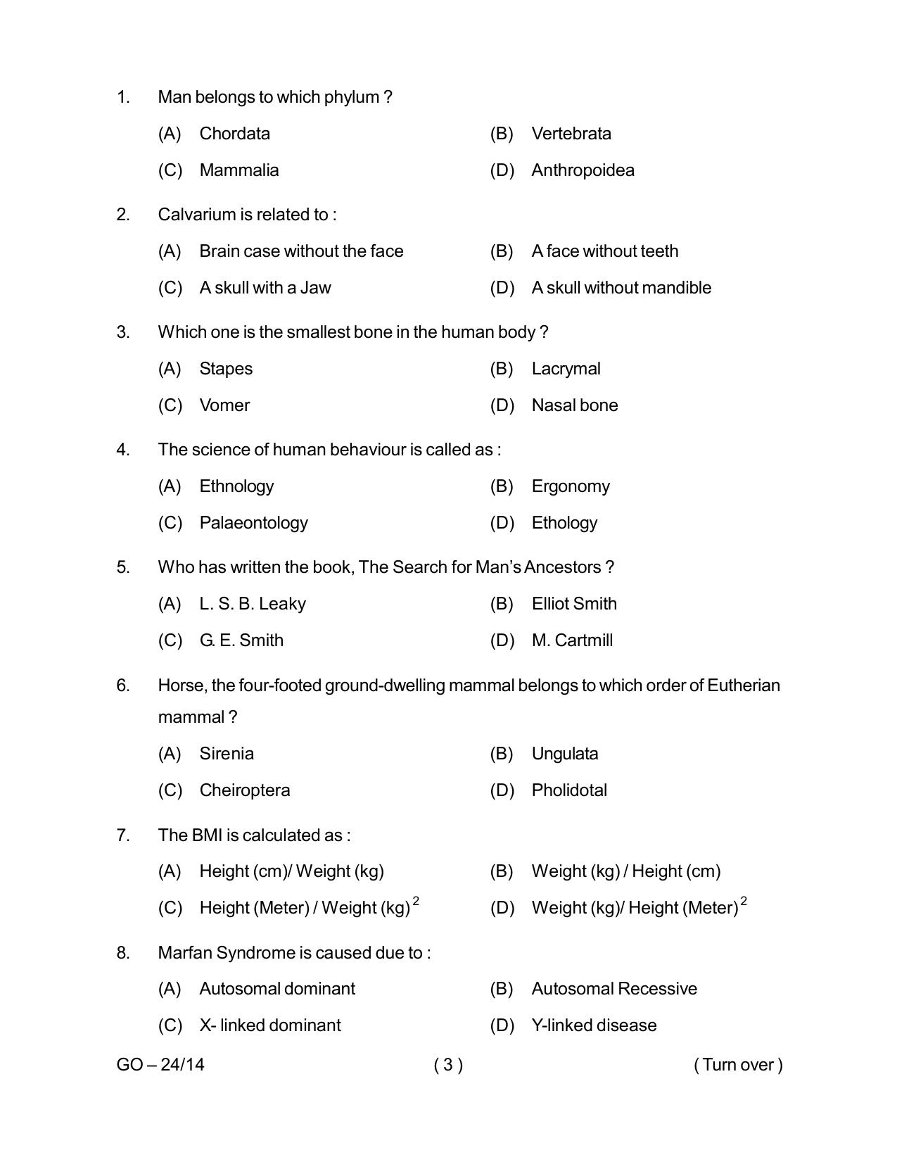 Odisha CPET 2024 ANTHROPOLOGY (SCIENCE) Question Paper - Page 3