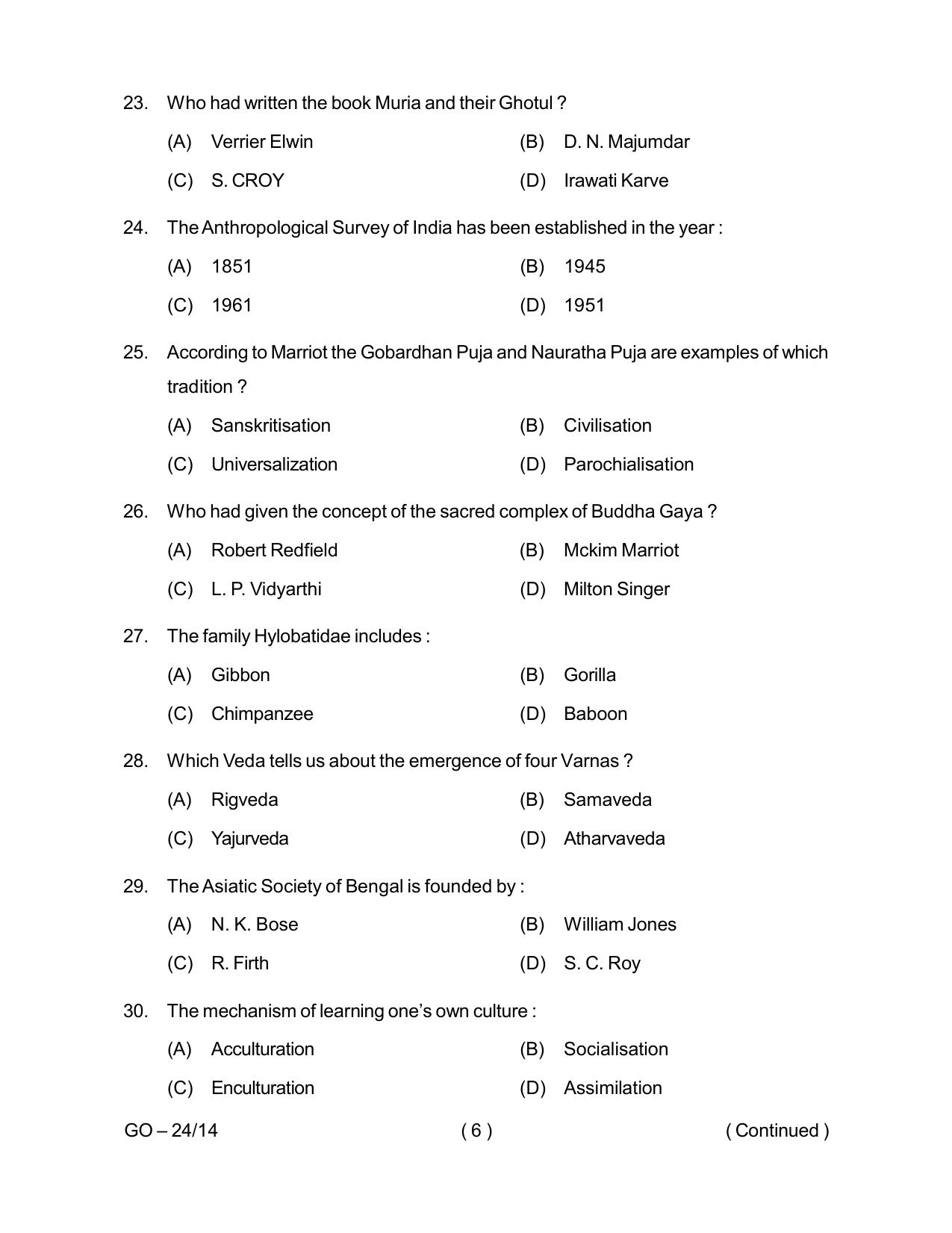 Odisha CPET 2024 ANTHROPOLOGY (SCIENCE) Question Paper - Page 6