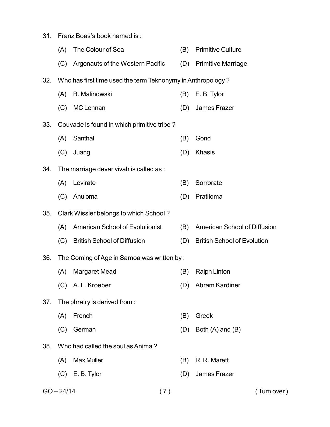 Odisha CPET 2024 ANTHROPOLOGY (SCIENCE) Question Paper - Page 7