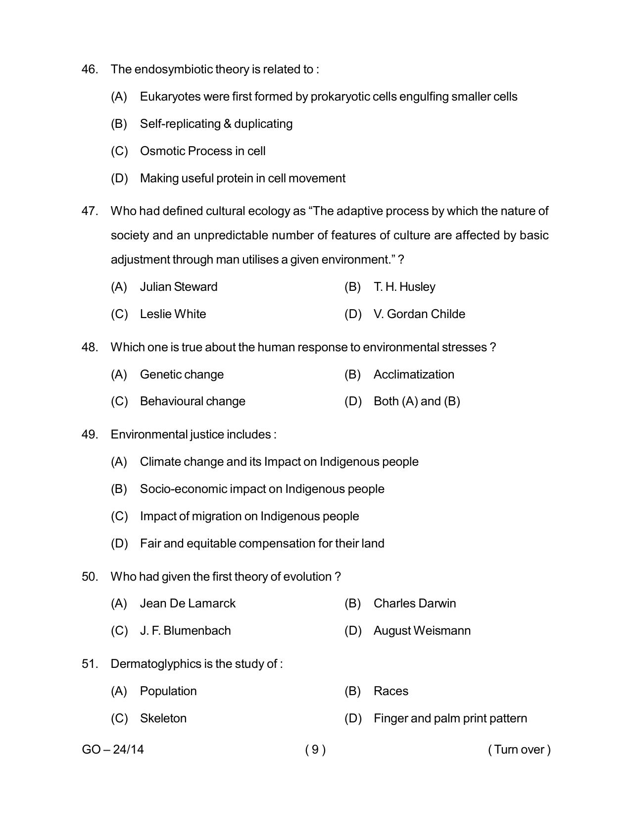 Odisha CPET 2024 ANTHROPOLOGY (SCIENCE) Question Paper - Page 9
