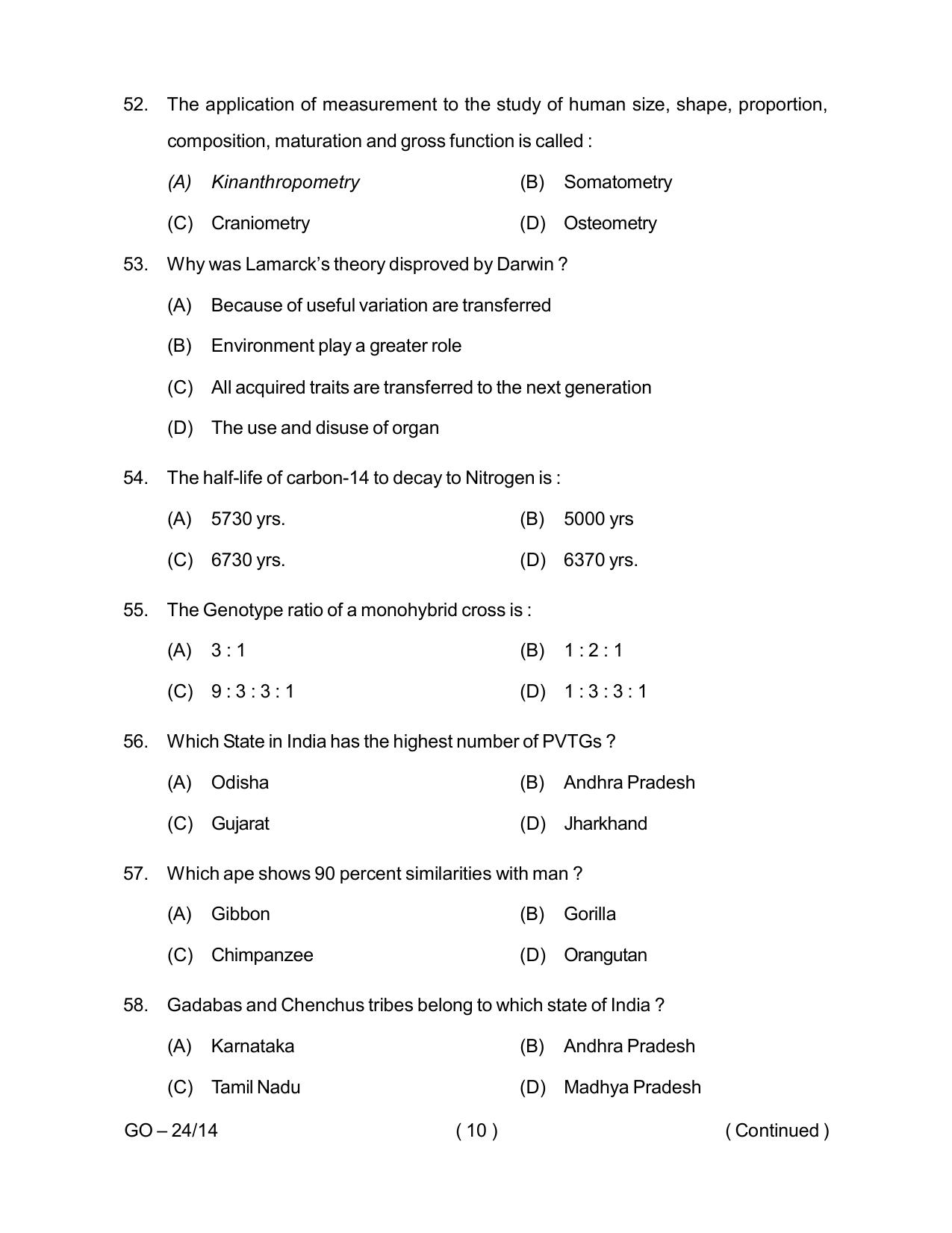 Odisha CPET 2024 ANTHROPOLOGY (SCIENCE) Question Paper - Page 10